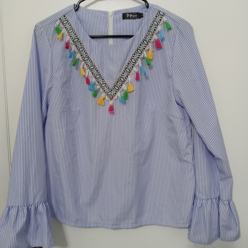 Popreal Striped and Tassled Back zip Blouse